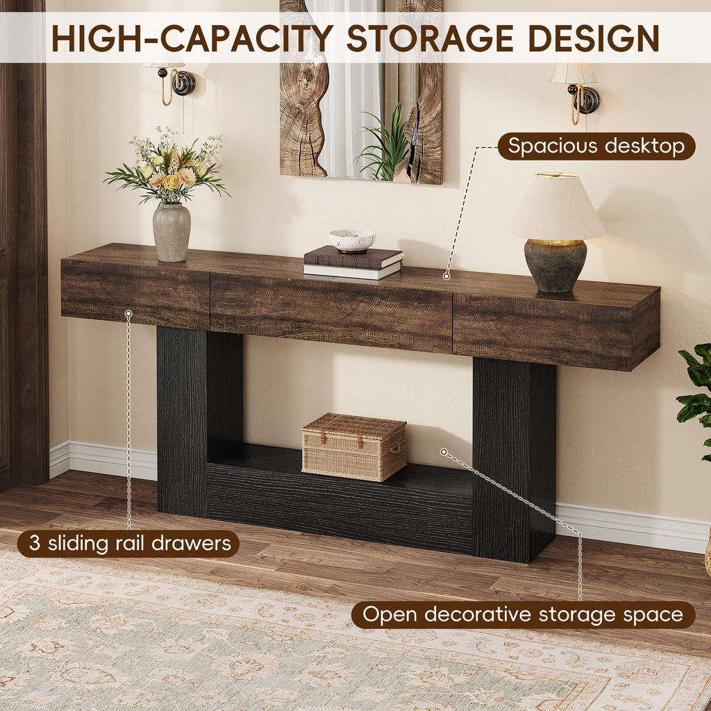 79" Long Farmhouse Console Table w 3 Storage Drawers, 2-Tier Entryway Table