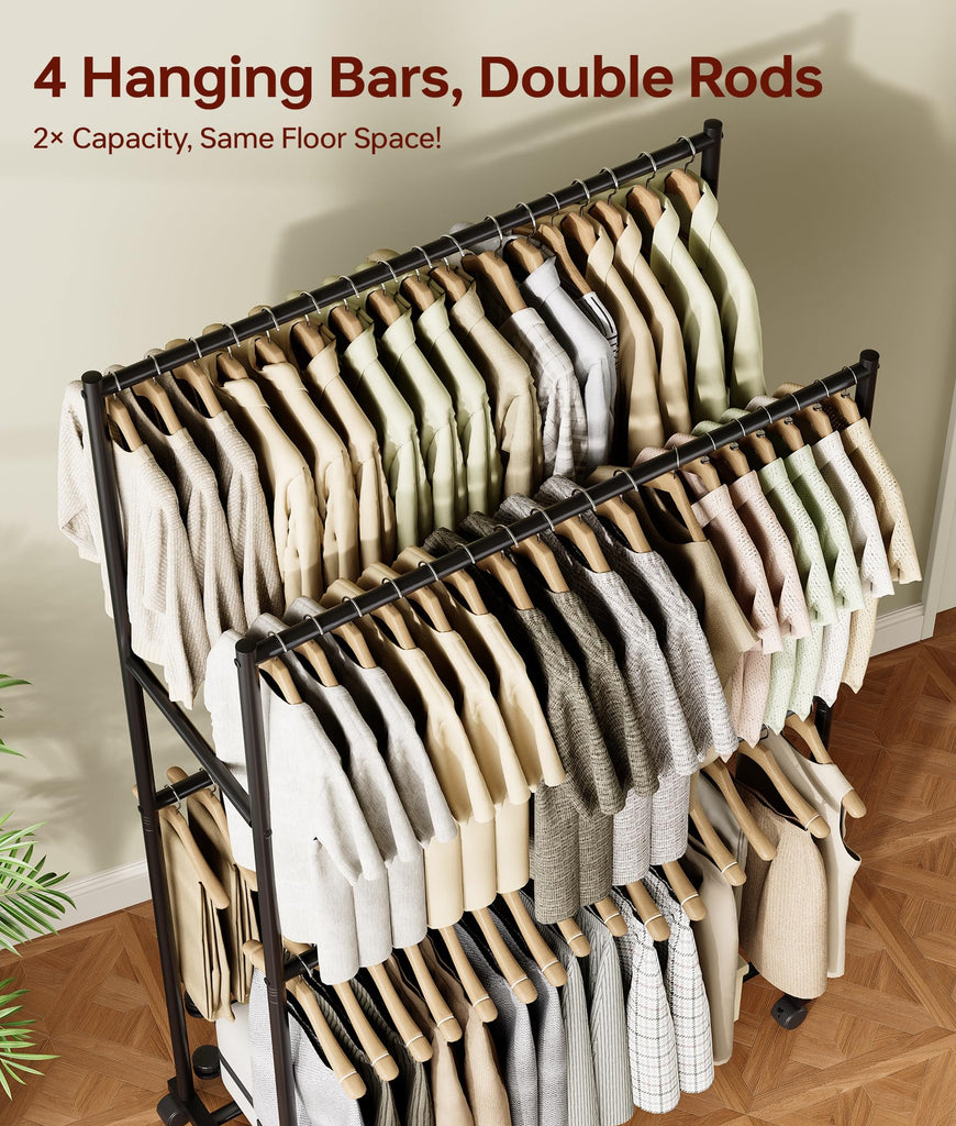 Clothes Rack - 36.2" x 21.3" x 72", 4-Bar Double Rod Rolling Clothing Rack for Hanging Clothes, Portable Garment Rack