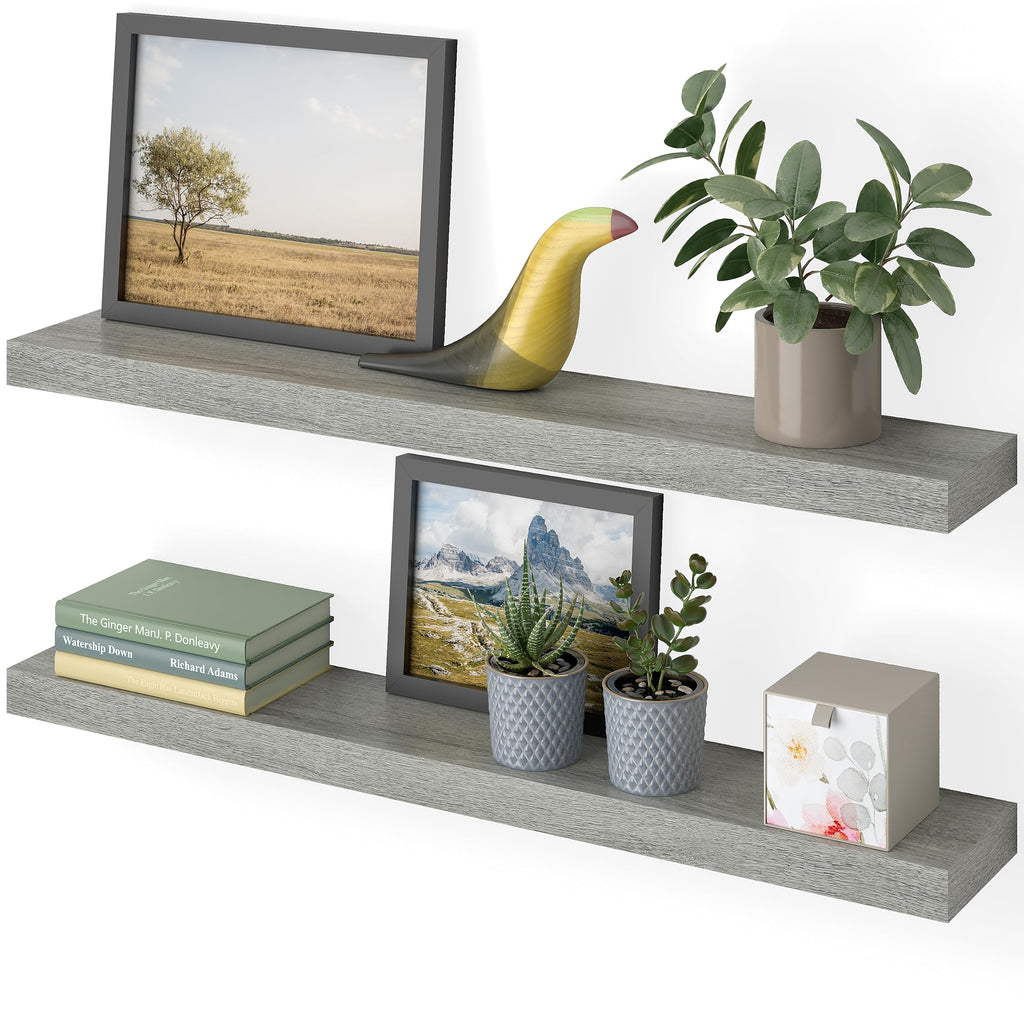 Floating Shelves, 36" Wood Wall Shelf Set of 2, with Invisible Brackets, 6" Deep, Rustic Gray