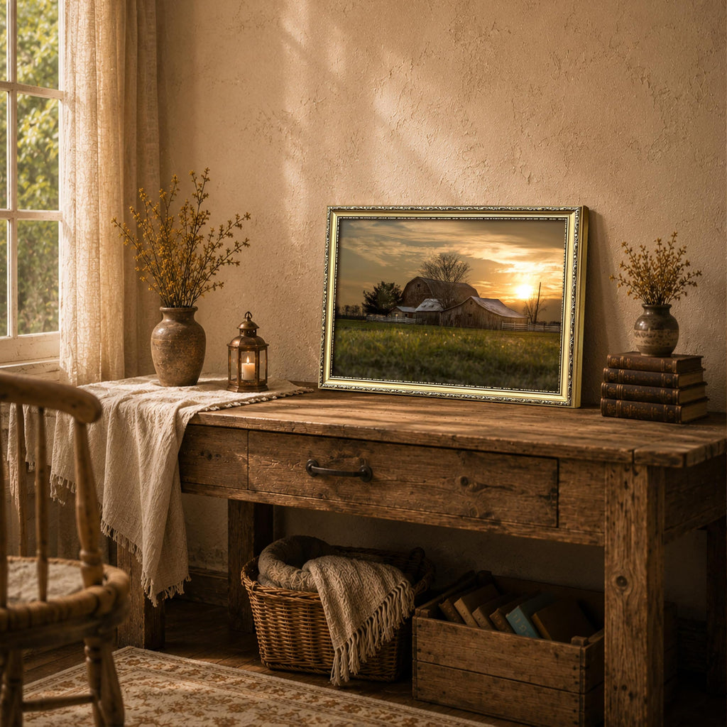 Vintage Gold Framed Sunset Farmhouse Wall Art, Rustic Country Barn Canvas Painting Print Picture, Retro Rural