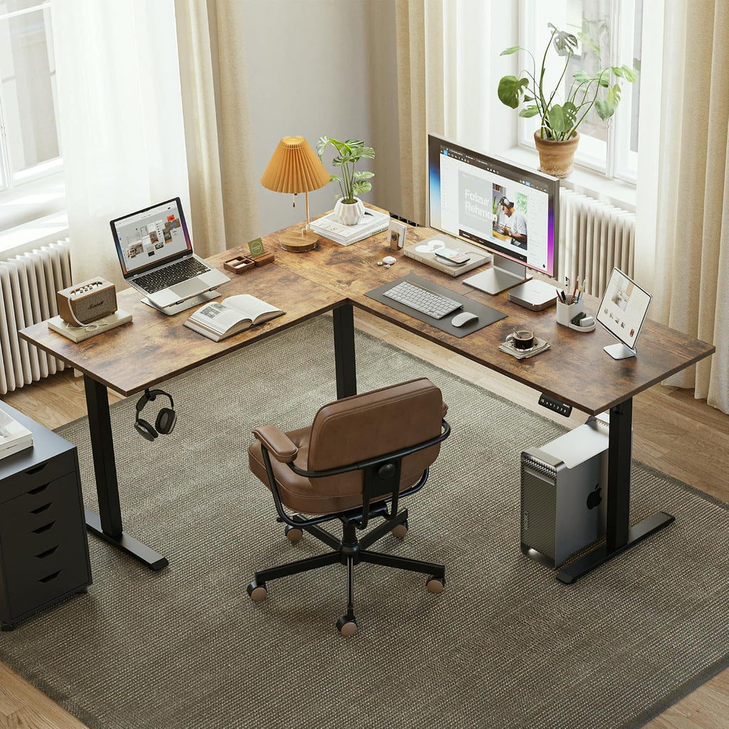 63 x 55 Inch L Shaped Electric Standing Desk, Rustic Brown | Corner Desk, Ample Workspace, Memory Presets, Hooks