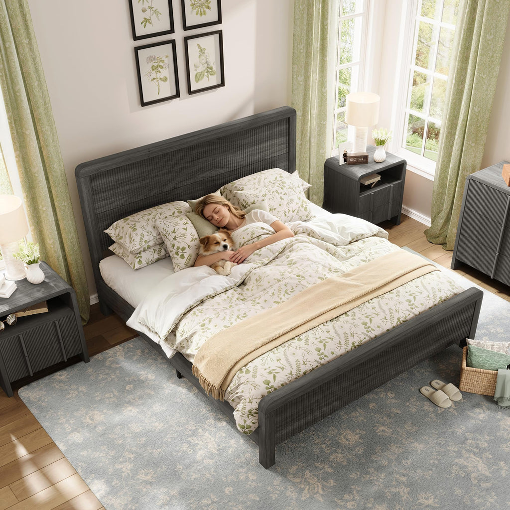 Wood King Size Bed Frame with Fluted Headboard & Footboard, Black