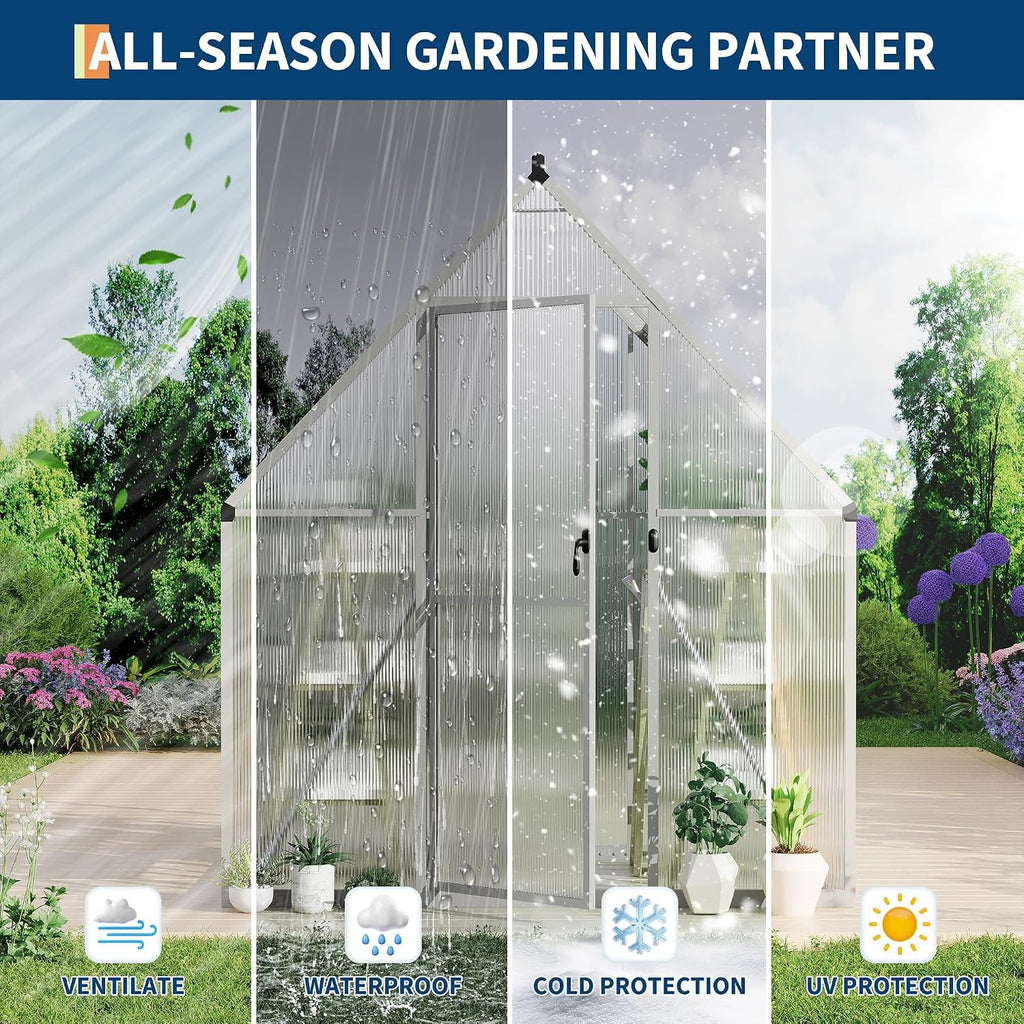 Walk-in Aluminum Greenhouse 6x4FT - Polycarbonate Panels, Heavy Duty Frame, Quick Setup, Roof Vent, Large Outdoor