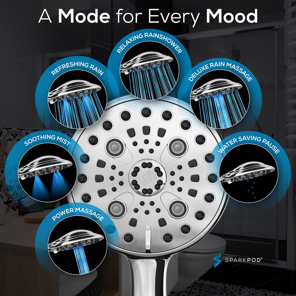 6 Spray Setting High Pressure Hand Held Shower Head - 6" Wide Angle Handheld Shower Head Set with Brass Swivel Ball