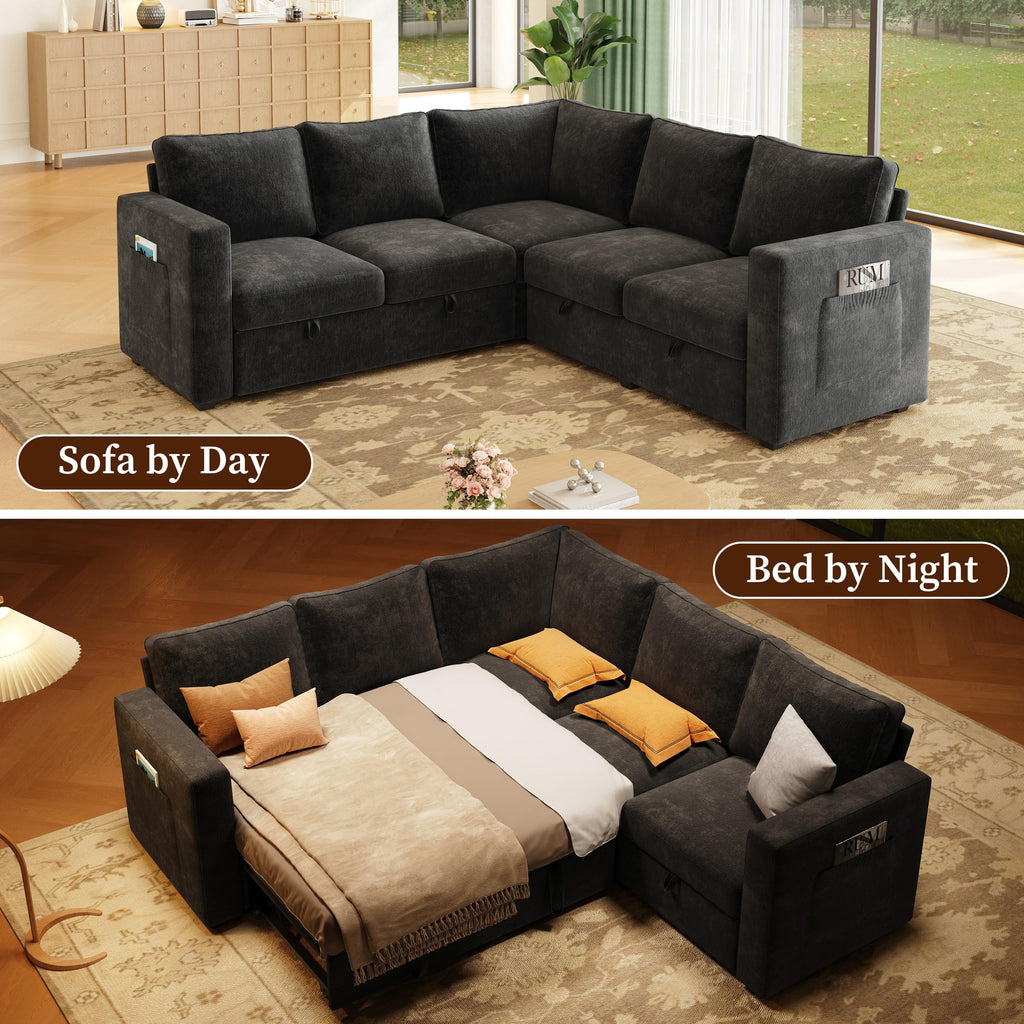Sectional Sleeper Sofa, Pull Out Couch with Storage, Charcoal Gray, 5 Seat