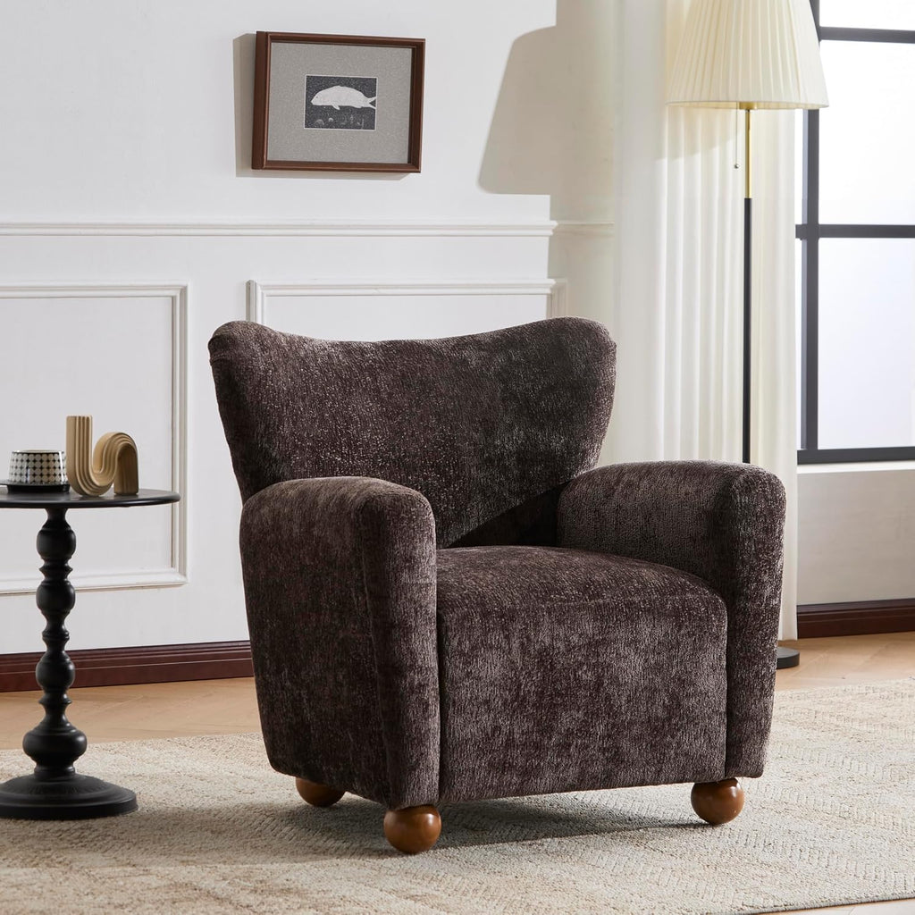 Lindy Wingback Accent Chair, Upholstered Armchair with Rounded Wooden Legs, Curved Backrest Single Sofa, Soft Cushion