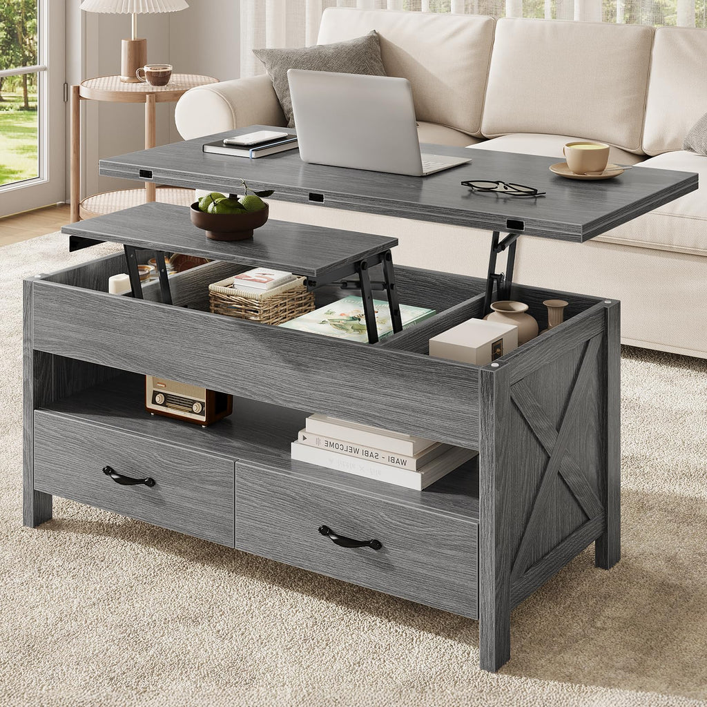 40" Lift Top Coffee Table, 4 in 1 Coffee Table with Hidden Compartment, 1 Open Shelf and 2 Drawers, Multifunctional