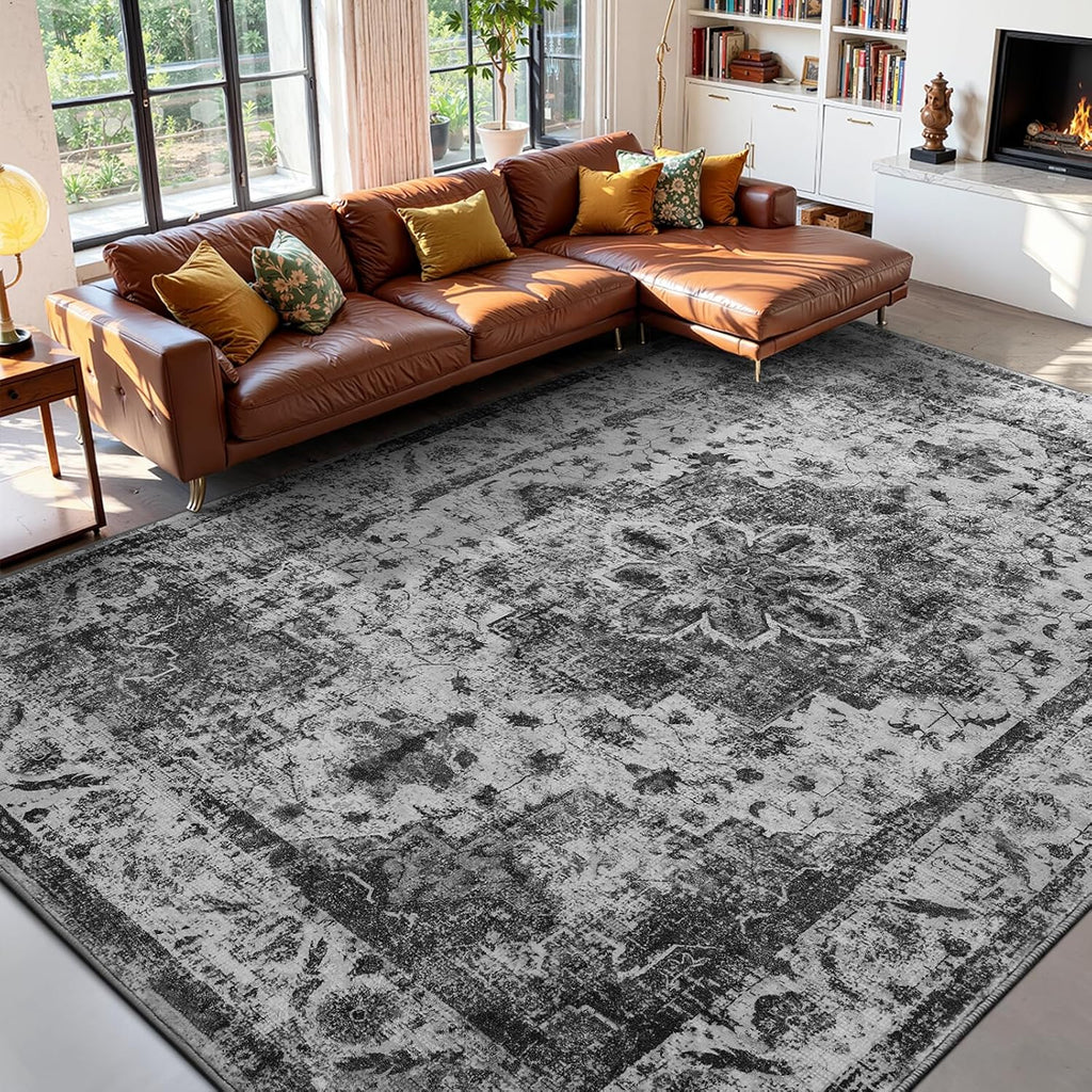 8x10 Washable Vintage Boho Area Rug, Distressed Non-Slip Carpet for Living Room Bedroom Black