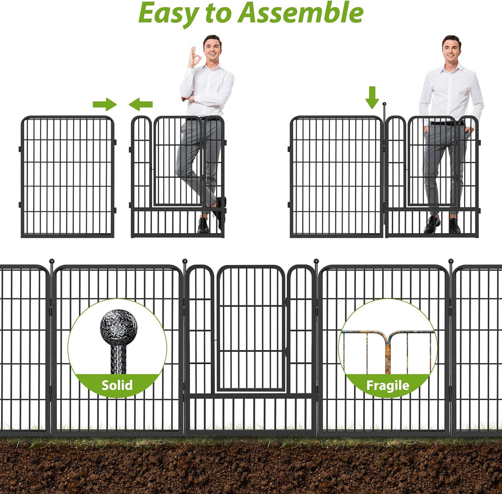 Decorative No Dig Fence Panels Metal Garden Fence with Gate, 28ft(L) x 32in(H) Garden Fencing for Dogs Rabbits