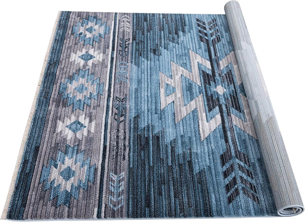 HR- Southwestern Rug Navajo Native American Inspired Modern Faded Tribal Floorcover Area Rugs Navy Blue Gray