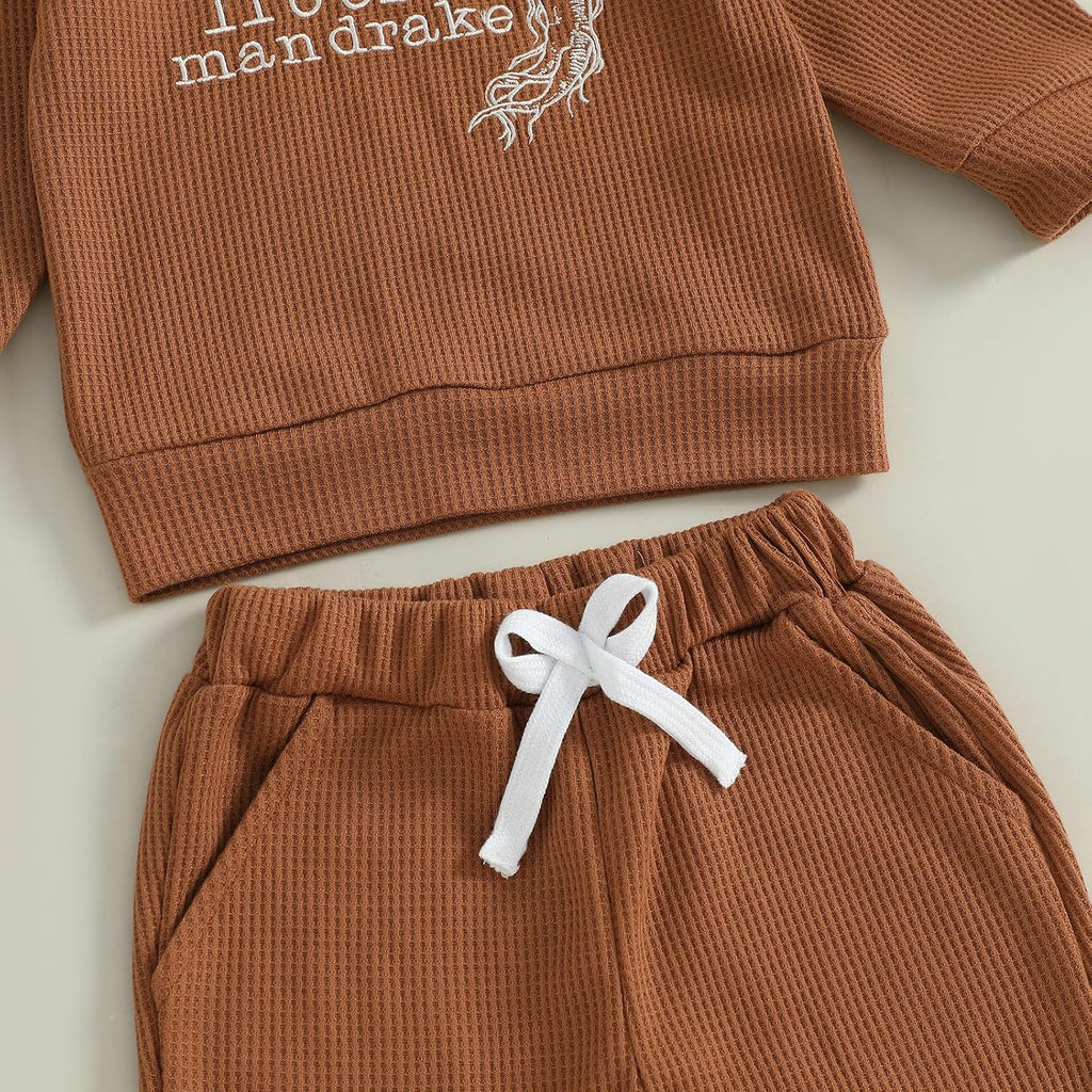 Toddler Baby Boy Girl Fall Outfit Letters Embroidery Long Sleeve Waffle Knit Sweatshirt and Pants Set