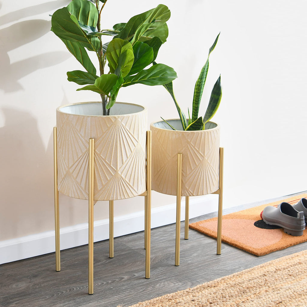 Modern Boho Embossed Metal Planters with Stands, Cream and Gold, Set of 2 Sizes
