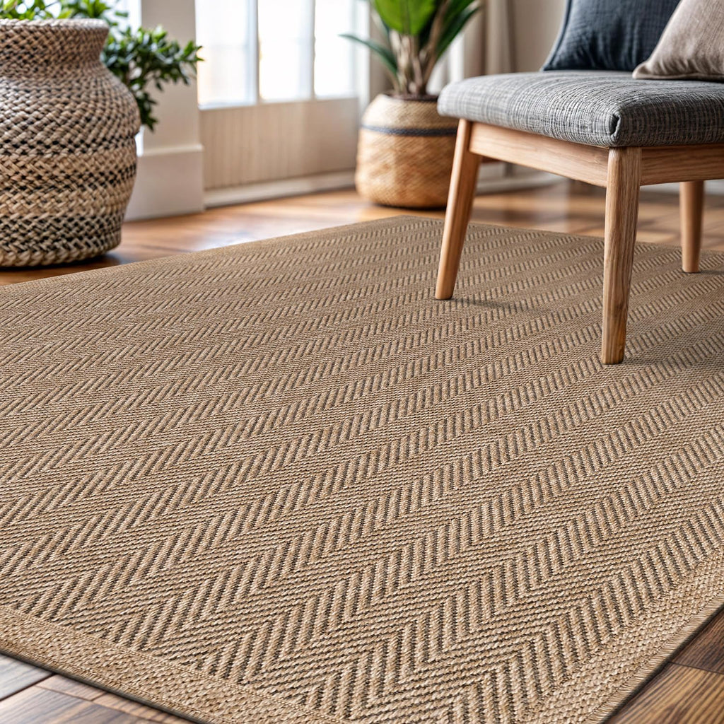 Easy Jute Rug 8x10, Indoor Outdoor Natural Color Fiber Area Rugs Rug Herringbone Seagrass Boho Woven Design