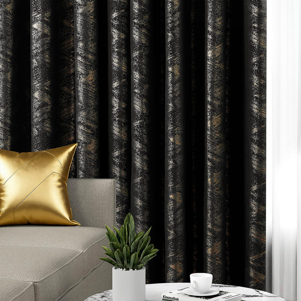 Black and Gold Velvet Curtains Foil Print 84 Inch