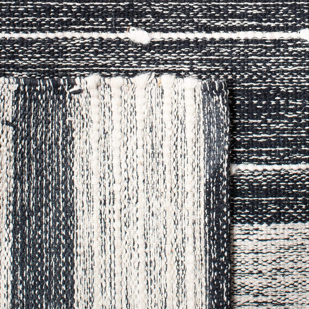 Striped Kilim Collection Area Rug - 7' Square, Black & Ivory, Handmade Stripe Cotton, Ideal for High Traffic Areas