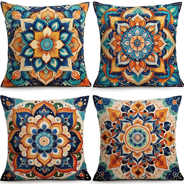 Bohemian Blue Mandala Floral Pillow Covers Set of 4, 18x18 Vintage Decor