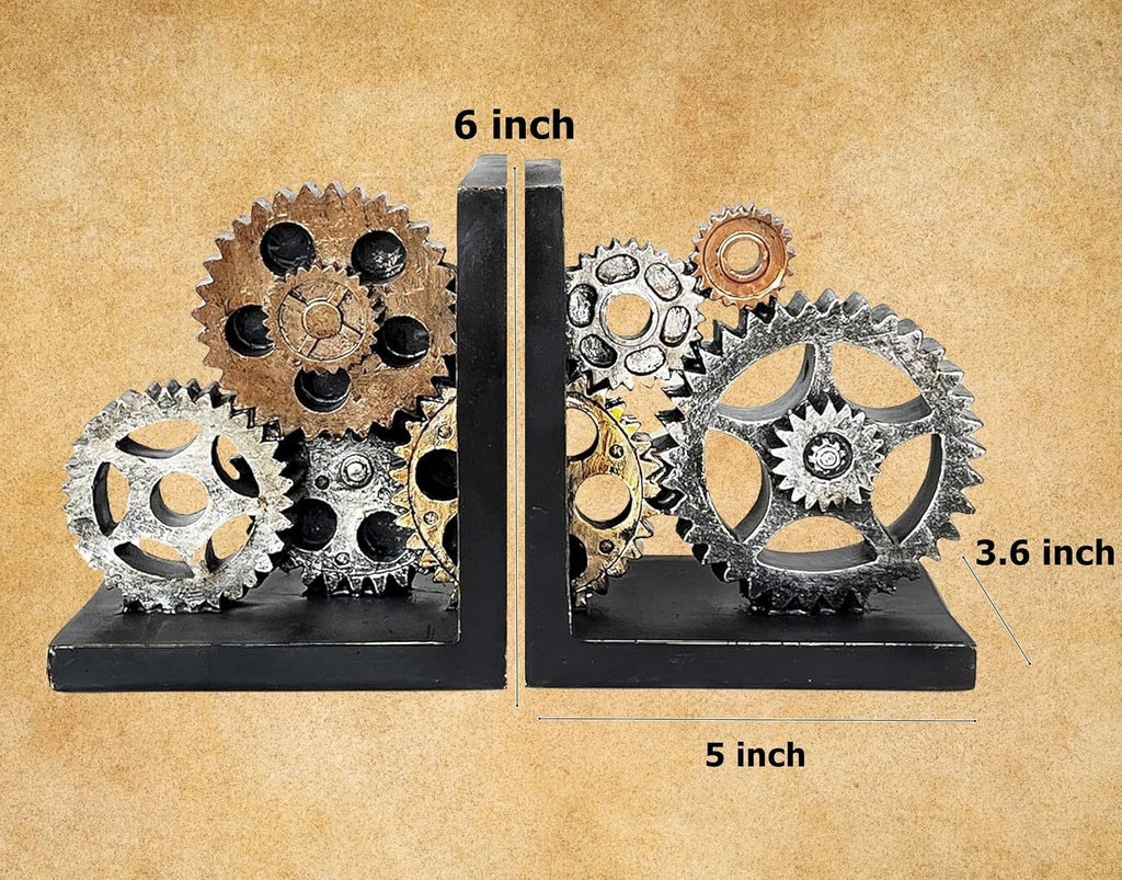 Gear Bookends, Steampunk, Heavy Duty, 20881 | Vintage Book Ends for Shelves, Office, Library, Industrial Design, 2pc