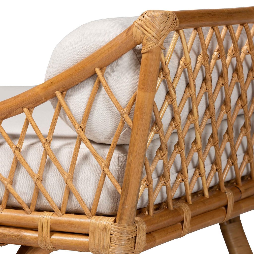 Akemi Handwoven Natural Rattan Daybed with Cushion - Boho Coastal Lounge Bed, or Sunroom