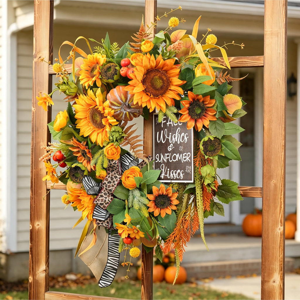 Fall Wreaths for Front Door 24 Inch, Autumn Harvest Wreath with Sunflower