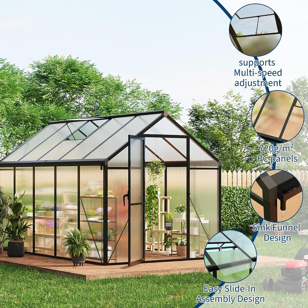 6X10 FT Polycarbonate Greenhouse Sunroom, Black | Outdoor Greenhouse for Vegetables Herbs Flowers, Lockable Door &
