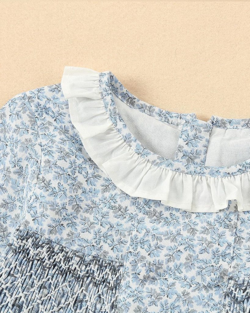 Kids Baby Girls Casual Floral Print Dress | Toddler Smocking Long Sleeve Dresses with Ruffle Collar for Holiday