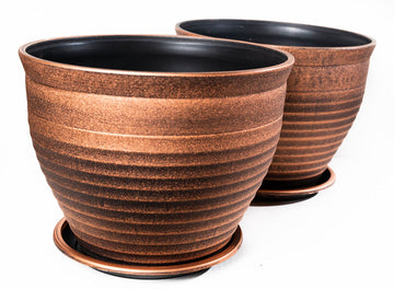 Circle Pattern 2 Pack Rustic French Country Look (2 Pots + 2 Matching Saucers) Plastic Planter for Indoor, Outdoor