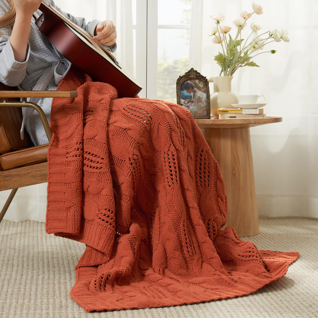 Chunky Knit Throw Blanket, Dual-Sided Soft Chenille Breathable Cable Knitted Blanket for Couch, Farmhouse Decorative
