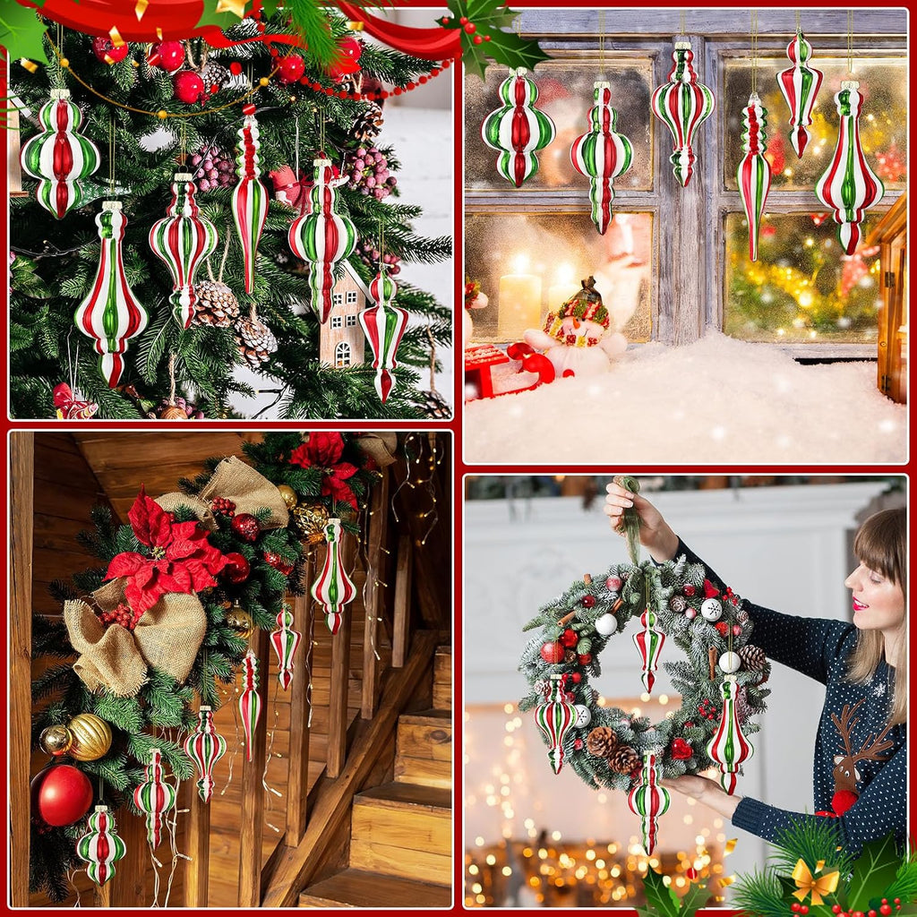 6.3 in Red and Green Mercury Glass Finial Christmas Ornaments - Set of 6