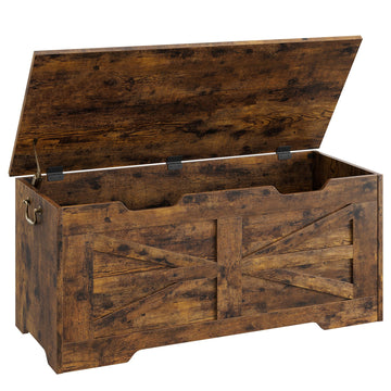 39.4" Storage Chest, Wooden Storage Bench with Safety Hinge, Retro Blanket Storage Trunk, Supports 350 lb, Rustic