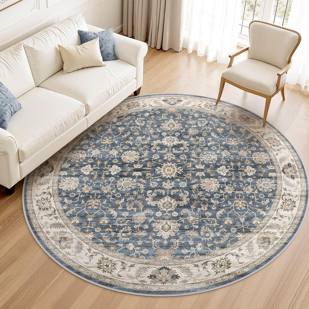 8ft Round Area Rugs for Living Room: Non-Slip Washable Vintage Soft Large Circle Rug - Soft Low Pile