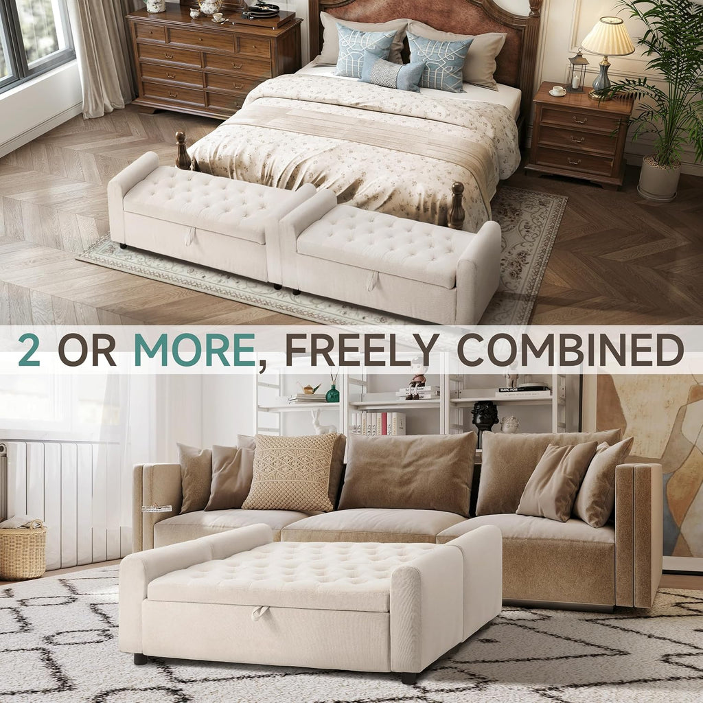 Ottoman with Storage, Tufted Storage Bench , 48" Fabrics End of Bed Bench, Upholstered Entryway Shoe Benches with