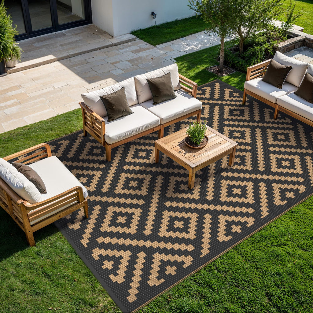 Outdoor Rug, Waterproof Plastic Rugs, 8'x10' Black Brown