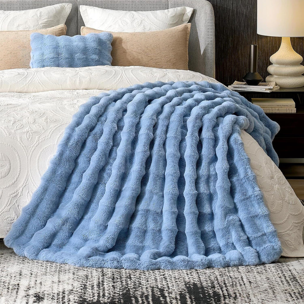 Faux Fur Bubble Throw for Couch, Fuzzy Soft Plush Thick Blanket for Sofa Bedroom Living Room, 60x80 Inches Misty Blue