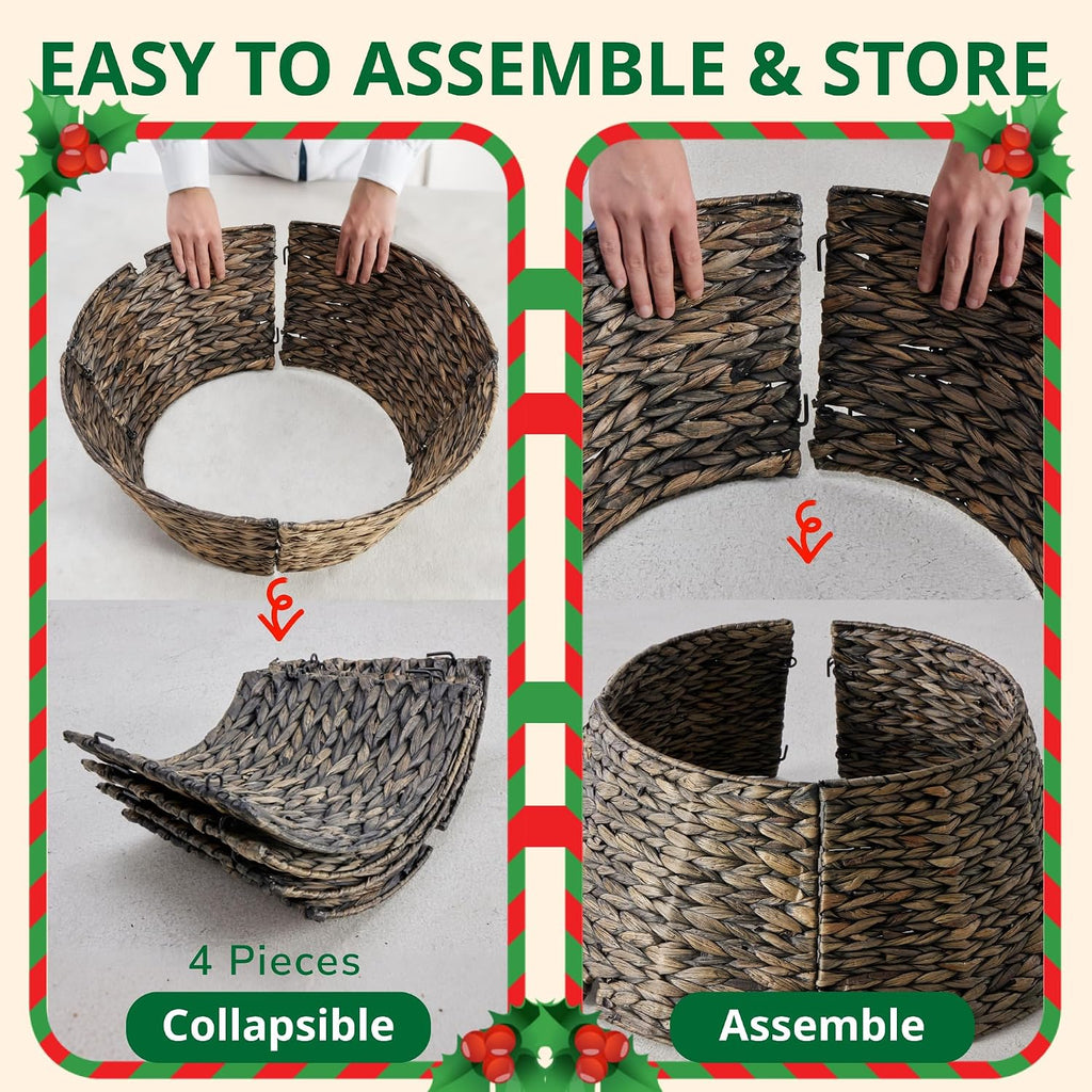 Christmas Tree Collar, Tree Skirt, Woven Hyacinth Rattan 4-Panel Tree Collar w/Cord Access Hole & Easy Lock Design