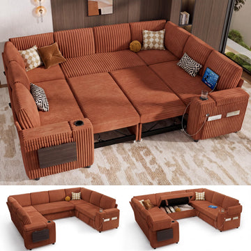 111" Modular Sectional Sleeper Sofa with Pull Out Bed, 8 Seat Plush Corduroy U Shaped Couch with Storage Chaise|USB