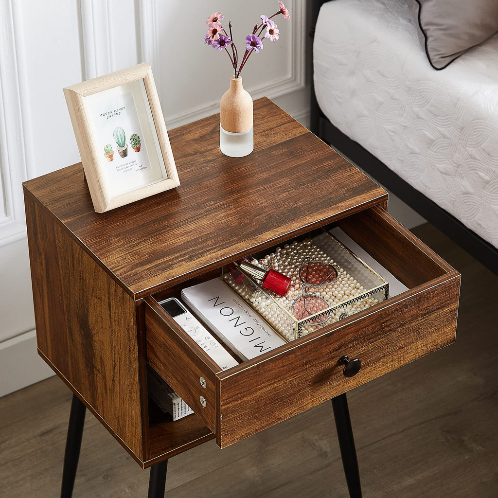 Nightstands Set of 2, Mid Century Modern End Bedside Table, Night Stand with Storage Drawer and 2 Tiers Open Shelf