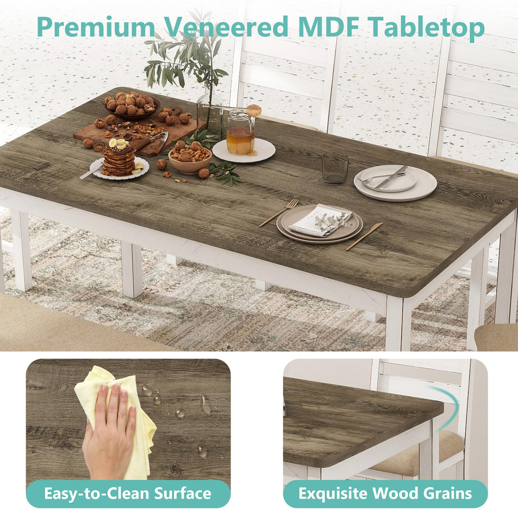 6 Piece Farmhouse Dining Table Set with 4 Chairs and 1 Bench