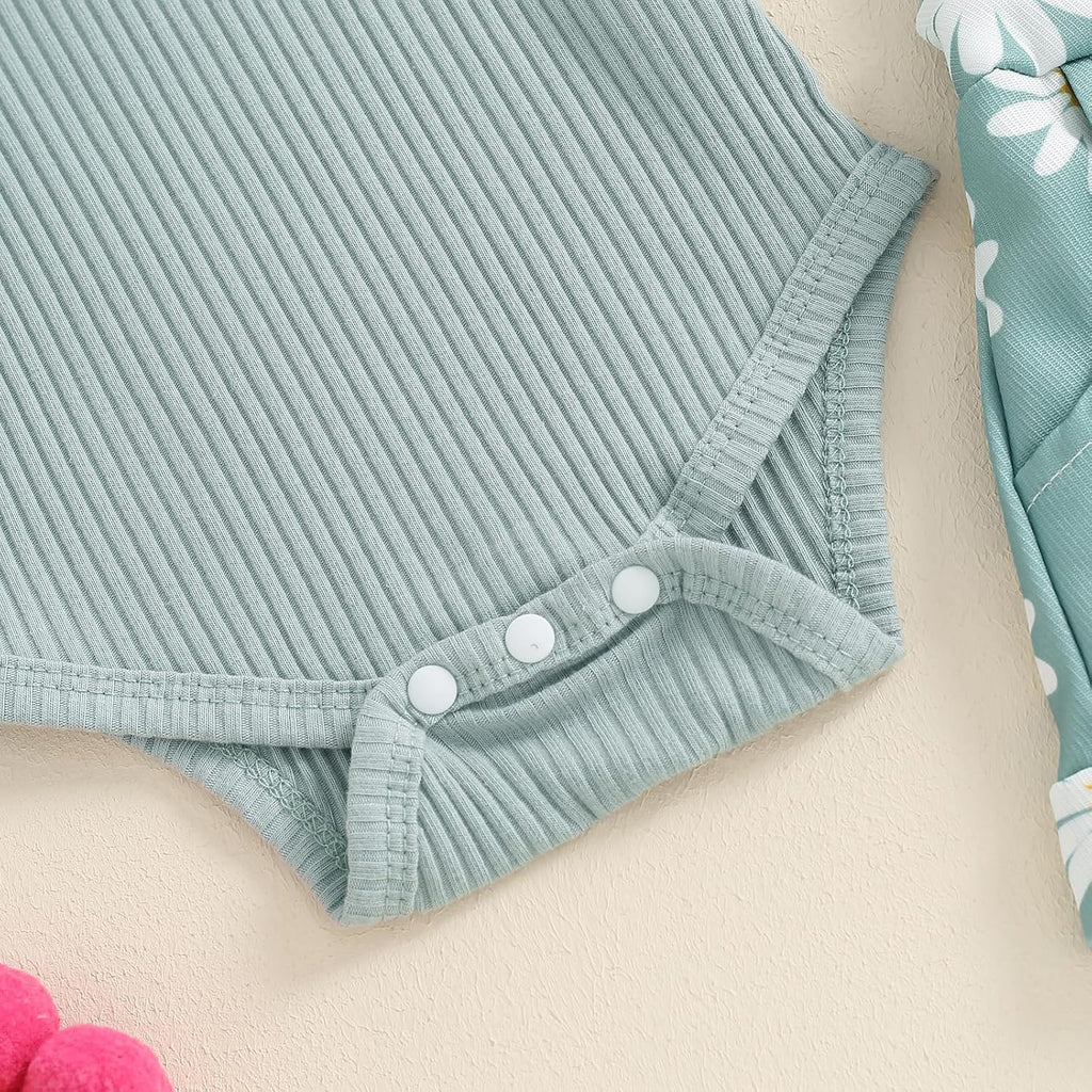Newborn Baby Girl Clothes Summer Outfit Short Sleeve Ribbed Romper Floral Suspender Overalls Shorts Set