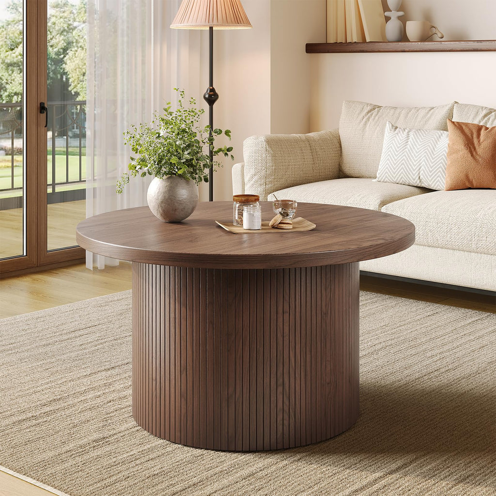 31.5" Round Coffee Table, Mid Century Modern Fluted Drum Table