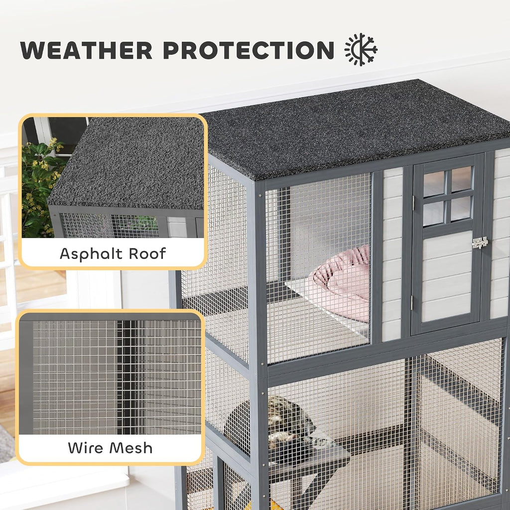 74" Wooden Catio Outdoor Cat Enclosure Weatherproof & Wheeled, Outside Cat House with High Weight Capacity, Kitten