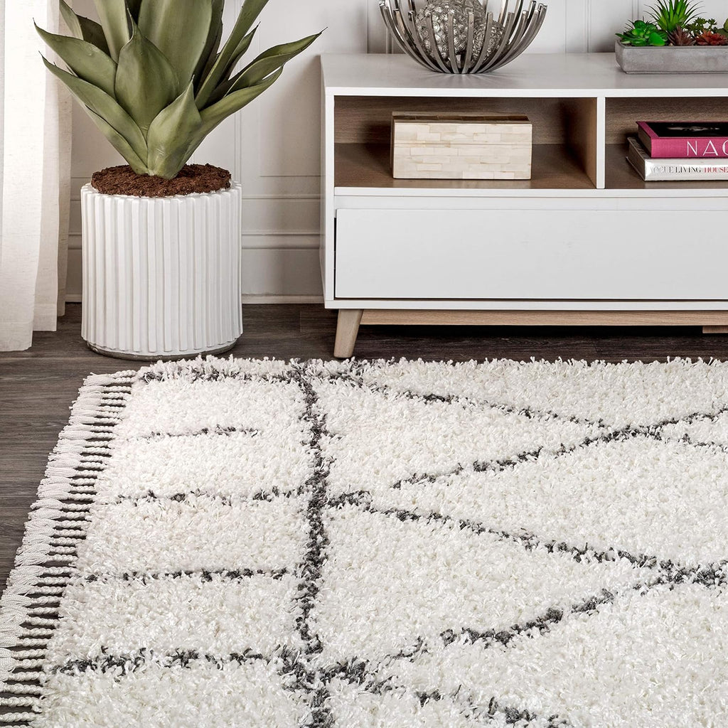 Mercer Shag Plush Tassel Ivory/Gray Indoor Area Rug, 3x5, Moroccan Geometric Trellis, Easy-Cleaning