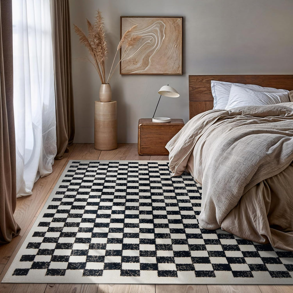 Contemporary Checkered Grid Contrast Area Rug Soft Black