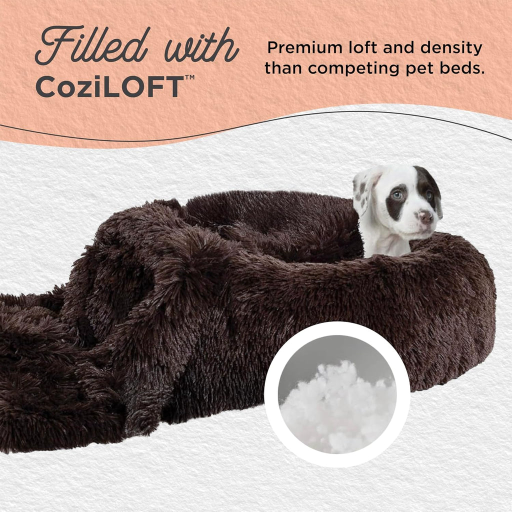 Bundle Set The Original Calming Shag Donut Cuddler Cat and Dog Bed + Pet Throw Blanket, Dark Chocolate, Large, 36x36