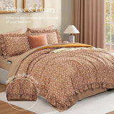 Queen Comforter Set - 7 Pieces Ruffle Brown Bedding Sets, Shabby Chic Farmhouse Bed in a Bag with Ruffle Comforter