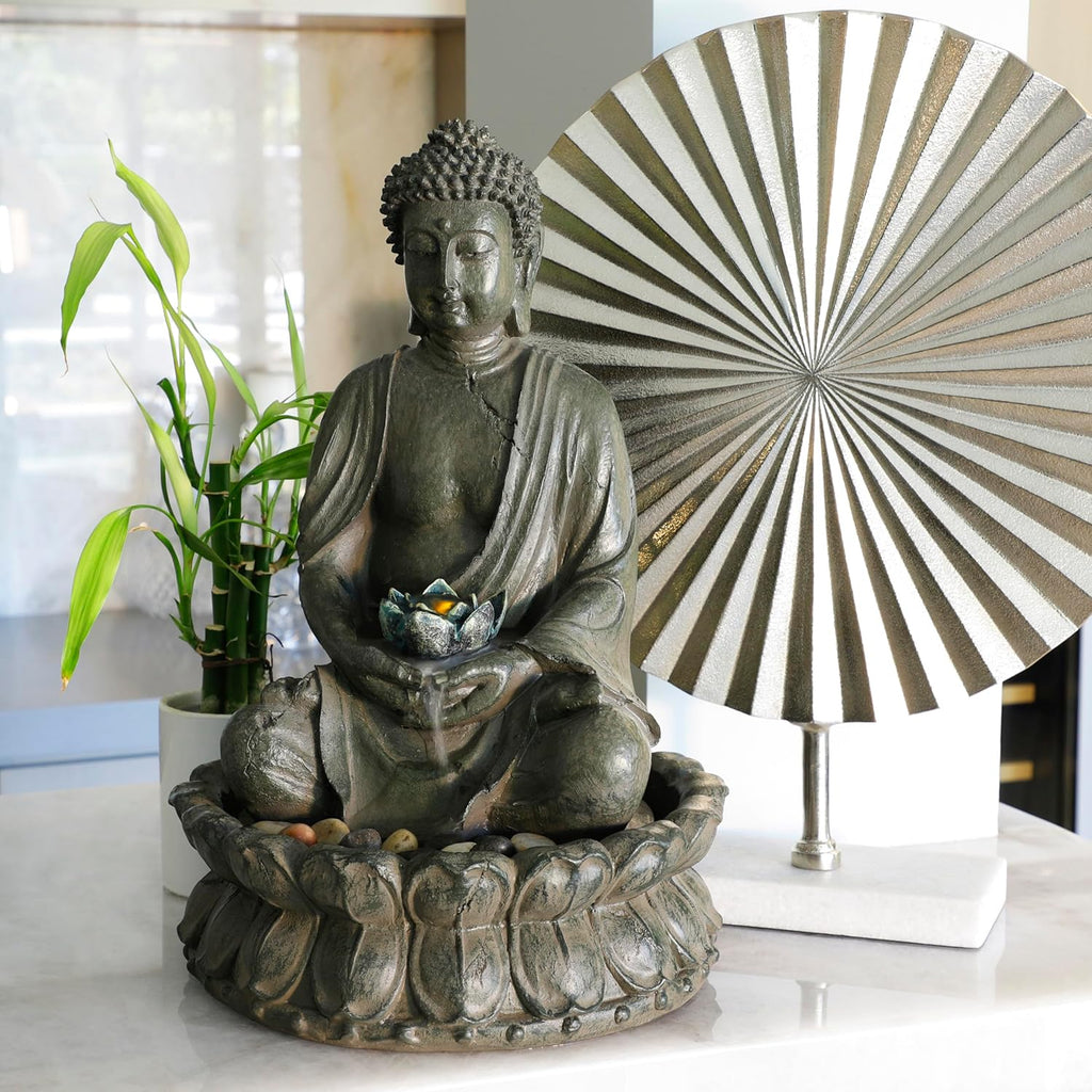 Indoor Tabletop Meditating Buddha Water Fountain with LED Lights and Lotus Flower, 19", Beige