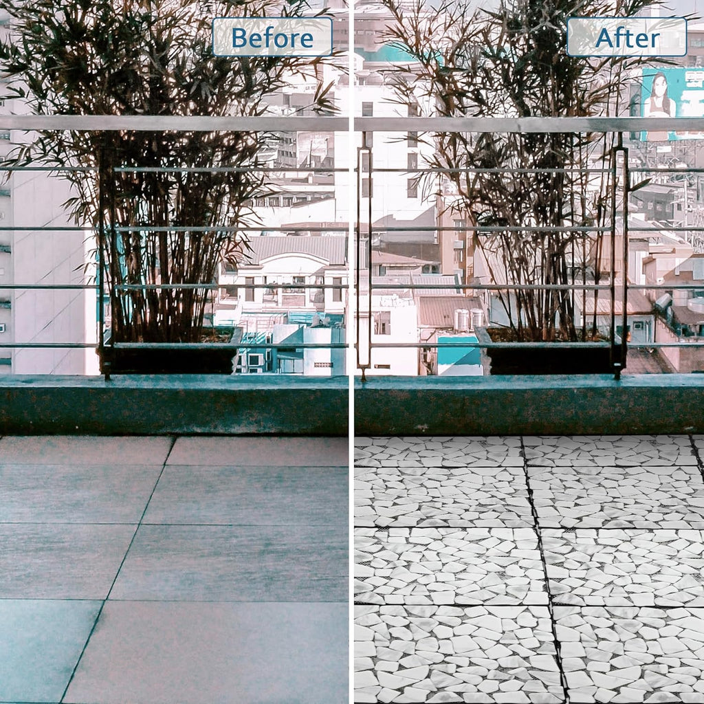 4PCS Natural Pebble Interlocking Deck Tiles, 12" x 12" Recycled Glass Marble Looks Waterproof Patio Deck, Outdoor &