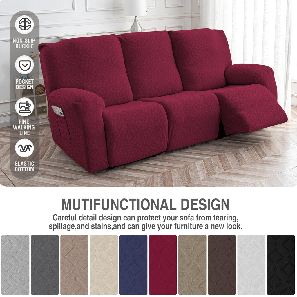 Gennia Waterproof Recliner Sofa Cover, 3 Seat Couch Cover, Wine Red