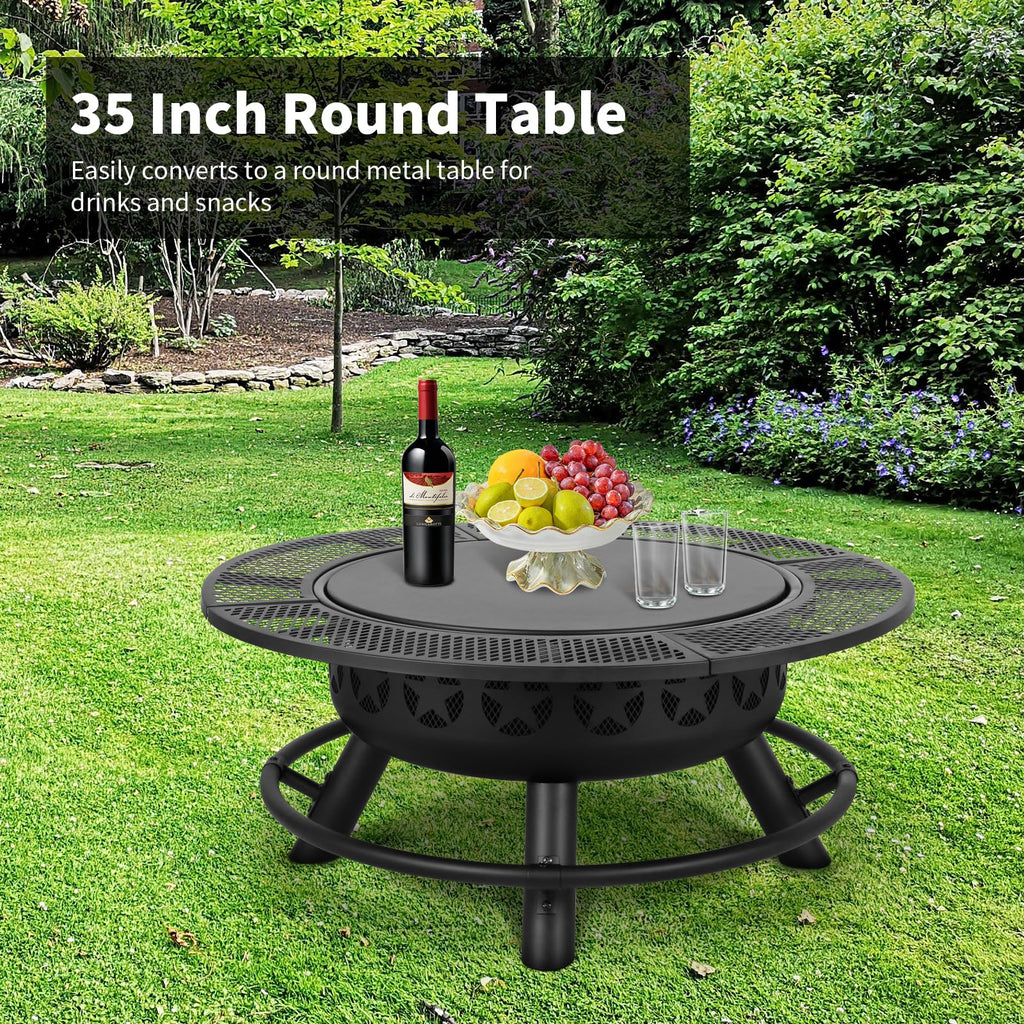 35 Inch Fire Pit with 2 Cooking Grate & Charcoal Pan, Outdoor Wood Burning BBQ Grill Firepit Bowl with Cover Lid