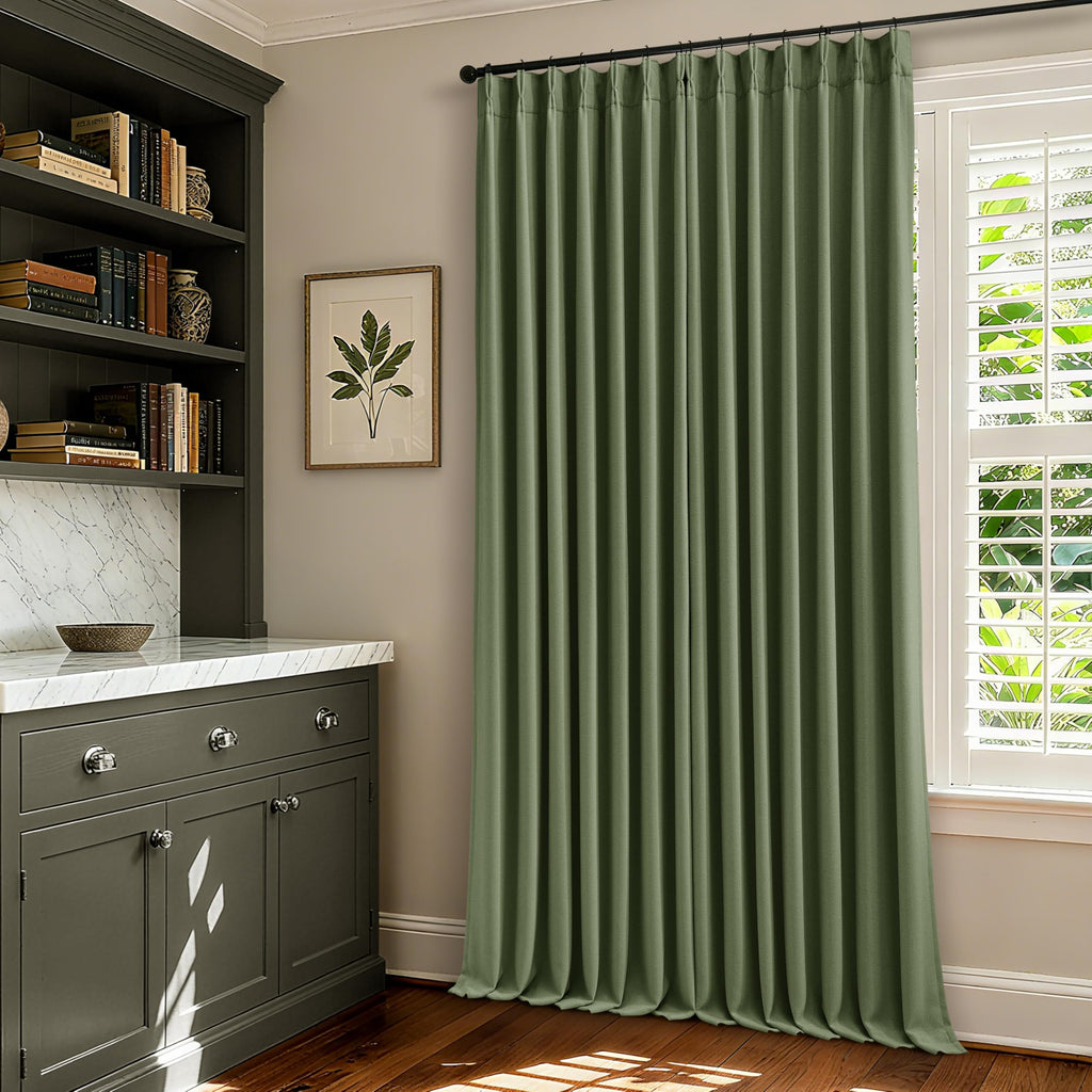 84 Inch Olive Green Linen Pinch Pleated Blackout Curtains Dual Layer