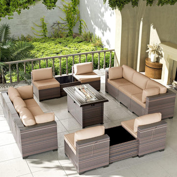 13 Pieces Outdoor Patio Furniture Set with 43" 55000BTU Gas Propane Fire Pit Table PE Wicker Rattan Sectional